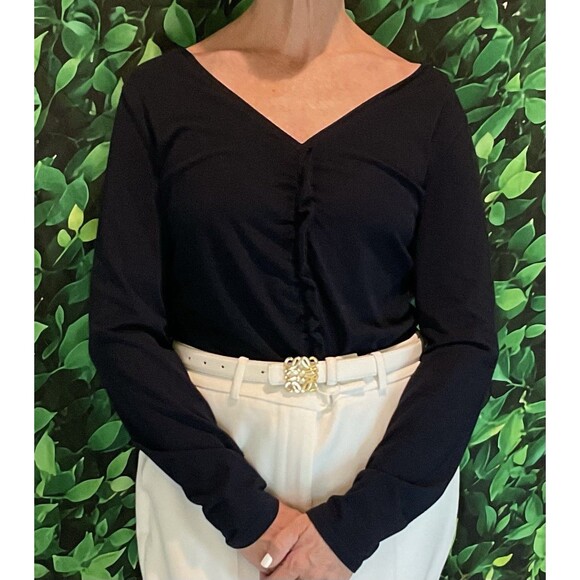 🌙 Ann Taylor Long Sleeve V-Neck Tee –Navy –Cotton Modal –Ruffle Front – Size L - Picture 1 of 6